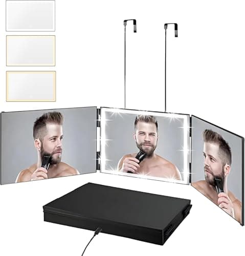 Vanexiss Rechargeable 3 Way Mirror for Hair Cutting, Real Glass Adjustable Trifold Mirror with 3 Color Temps LED Light & Telescoping Hooks for Makeup, Shaving & Styling - Image 1