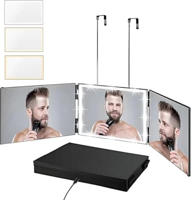 Vanexiss Rechargeable 3 Way Mirror for Hair Cutting, Real Glass Adjustable Trifold Mirror with 3 Color Temps LED Light & Telescoping Hooks for Makeup, Shaving & Styling - Image 1