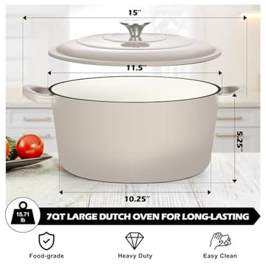 TeamFar Enameled Cast Iron Dutch Oven, 7qt Dutch Oven Pot Nonstick Cookware with Lid & Dual Handles for Bread Baking, Cooking, Oven Safe up to 500℉ & Various Stovetops, Healthy & Heavy Duty - Khaki - Image 2