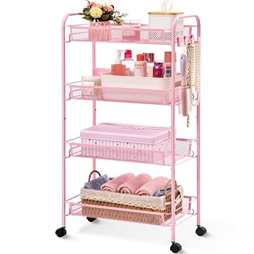 TOOLF 4 Tier Rolling Utility Cart - Durable Metal Design Pink Utility Cart, Storage Trolley on Wheels with 3 Hooks, Perfect for Kitchen, Bathroom & Laundry Room Organization - Image 1