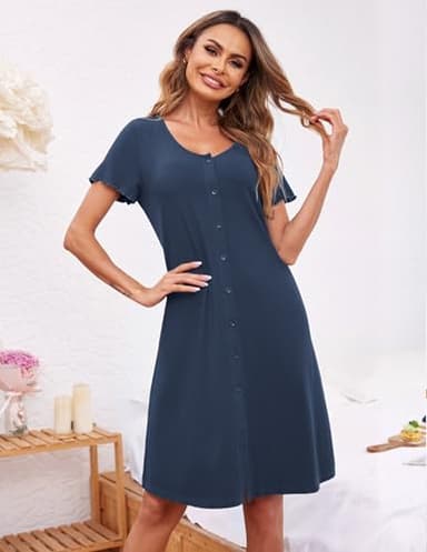 Ekouaer 3 Pack Nightgown for Women Button Down Sleepshirt Short Sleeve Nightshirt V Neck Pajamas Dress Soft Nightdress - Image 4