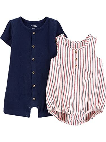 Simple Joys by Carter's Baby Boys' Rompers, Pack of 2, Navy/Red Stripe, 12 Months - Image 1