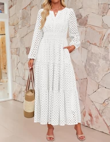 ZESICA Women's 2025 Fall Long Sleeve Maxi Dress V Neck Hollow Out Eyelet A Line Long Flowy Casual Party Dresses White Medium - Image 8