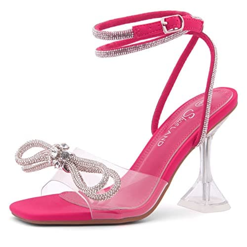 Shoe Land Women’s Clear Rhinestone Bow Heels – Double Bowknot & Adjustable Ankle Strap | Crystal Stiletto High Heels with Square Open Toe for Wedding & Party ClearFuchsia, Size 8.0, SL-Naomi - Image 1