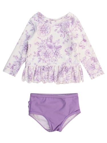 RuffleButts Baby/Toddler Girls Scalloped Long Sleeve Rash Guard 2-Piece UPF50+ Sun Protected Swimsuit - Wisteria Purple Butterfly Garden Toile, 12-18m - Image 1