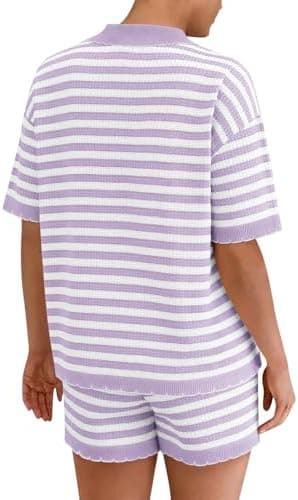 Womens 2 Piece Pajama Set Striped Knit Lounge Sets Short Sleeve Tie Front Top and Shorts Set 2025 Summer Outfits - Image 5
