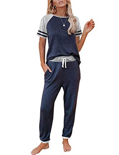 AUTOMET 2 Piece Lounge Sets For Women Summer Pajamas Two Piece Set Travel Outfits Lingerie Sleep Loungewear Matching Clothing Navy Blue L - Image 1