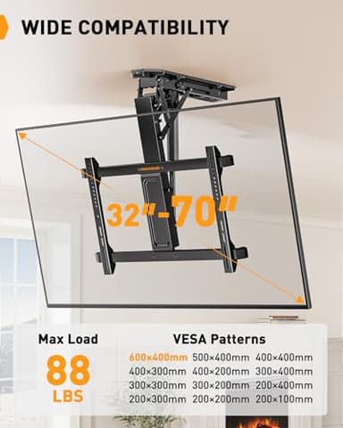 Perlegear Electric Ceiling TV Mount with Remote for 32-70 inch Flat and Curved Screen TVs, Motorized TV Ceiling Mount Flip Down for Flat Roof, Drop Down Ceiling Mount - Image 2