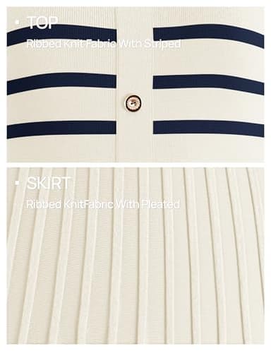 ZESICA Women's 2025 Casual Striped Midi Dress Crewneck Short Sleeve Button Ribbed Knit Swing Pleated A Line Dresses,Beige,Small - Image 6
