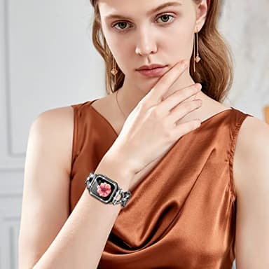 Mesime Compatible with Apple Watch Band 38mm 40mm 41mm 42mm 44mm 45mm , Women Girl Bling Diamond Jewelry Metal Strap Bands with Crystal Tempered Glass Screen Protector Case, Round Shiny Bracelet - Image 7