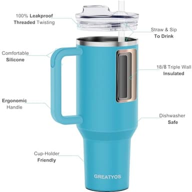 Greatyos 40 oz Tumbler with Handle and Straw Lid Insulated Tumblers Cups with Lids Straws Double Wall Vacuum Leak Proof Stainless Steel 40oz Tumbler Travel Mug Gifts for Men Women Him Her (Pool) - Image 3