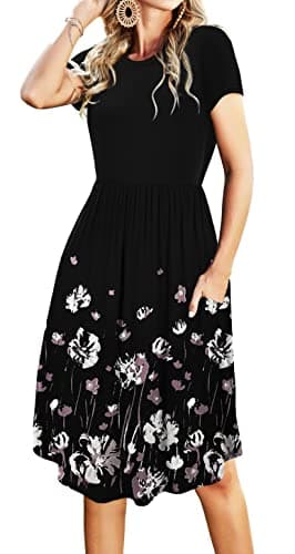 Women Spring Summer Knit Sleeve Teacher Outfits Midi Casual Dress Floral Black M - Image 1
