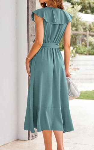 PRETTYGARDEN Women's Summer Cross Maxi Dress Casual Boho Deep V Neck Short Sleeve Ruffle Hem Split Beach Long Dresses (Light Lake Blue,Medium) - Image 6