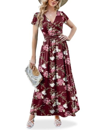 ANRILITA Maxi Dress for Women Wrap V Neck Short Sleeve Empire Pleated Waist Summer Casual Elegant Long Dresses with Pockets - Image 1