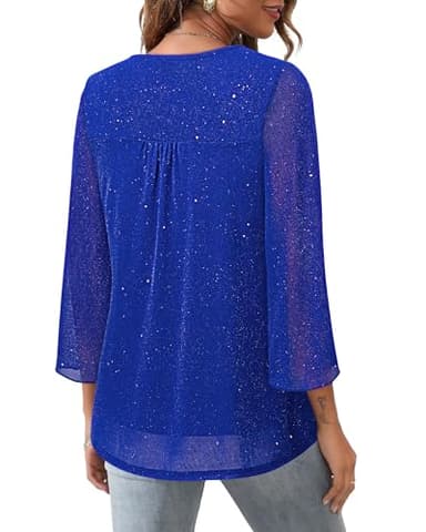 Bebonnie Sparkly Tops for Women Party: Casual Long Sleeve Dress Shirts Flowy Chiffon Tunic Blouses - Plus Size Dressy Tops for Wedding - Dress Blouses for Women Elegant Star Blue L - Image 3