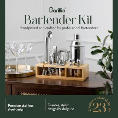 Barillio Bartender Kit - Stainless-Steel Cocktail Shaker Set w/Bamboo Stand - Mixology Bar Tools w/Drink Shaker, Mixer Spoon & Muddler for Cocktails - Home Bar Accessories - 23-Pc Bar Set - Silver - Image 2