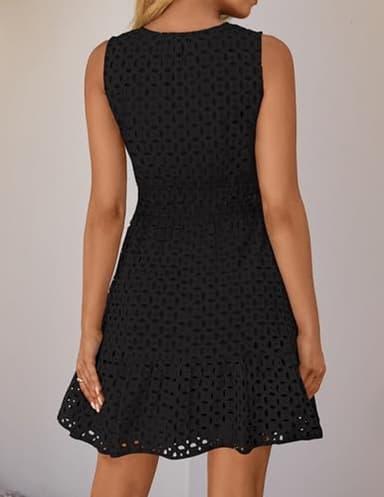 ZESICA Women's Summer Sleeveless Mini Dress V Neck Hollow Out Eyelet High Waist A Line Swing Short Party Dresses,Black,Medium - Image 4