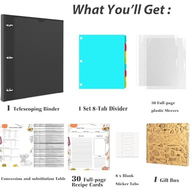 INFUN 1 Inch Telescoping 3 Ring Binder with 8-Tab Dividers, 30 Sheet Protectors and Labels – Compact Binder for Recipes, Documents and Notes, Includes 30 Recipe Cards – Black - Image 3