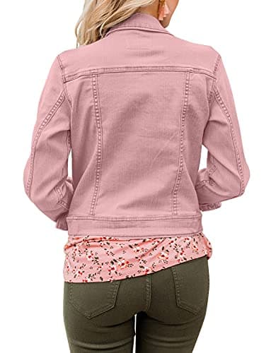 LookbookStore Pink Jean Jacket Women Fall 2025 Fitted Denim Jacket for Women Classic Stretchy Denim Trucker Jacket Basic Pink Button Down Denim Jackets Lightweight Size Large Size 12 14 - Image 2