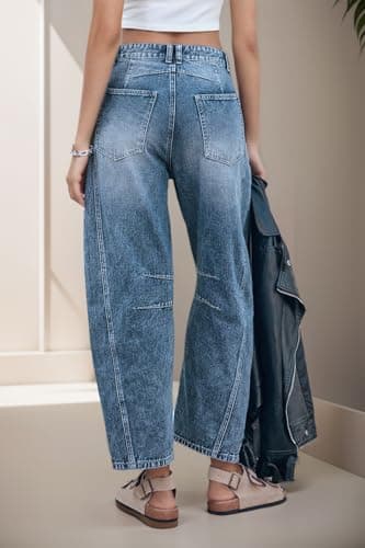 Allimy Womens Jeans High Waisted Mid Rise Baggy Loose Fit Ankle Barrel Leg Y2K Boyfriend Horseshoe Cropped Wide Leg Jeans for Women Trendy 2025 Denim Capri Pants Women Blue Size 4 - Image 5