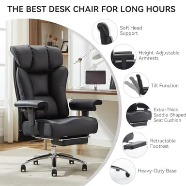 Efomao Ergonomic Office Chair 450LBS with Foot Rest, High Back PU Leather Executive Office Chair with Adjustable Armrests, Lumbar Support for Home or Work, Computer Chair, Black - Image 4