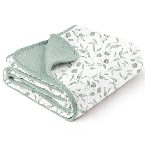 Konssy Muslin Baby Blankets for Girls Boys, 100% Cotton Crib Blanket for Infant Toddler, Super Soft and Lightweight Nursery Swaddling Wrap 40"x36" (Green Leaves) - Image 1