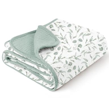 Konssy Muslin Baby Blankets for Girls Boys, 100% Cotton Crib Blanket for Infant Toddler, Super Soft and Lightweight Nursery Swaddling Wrap 40"x36" (Green Leaves) - Image 1