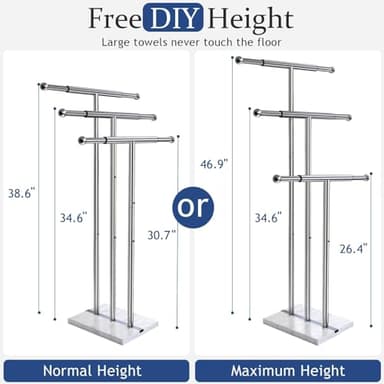 Kayfia 40" Standing Towel Rack with Weighted Marble Base, Width Adjustable & Taller Bathroom Towel Rack Stand, 3-Tier Towel Racks for Bathroom, Multiple Spaces Stainless Steel Brushed Finish - Image 2