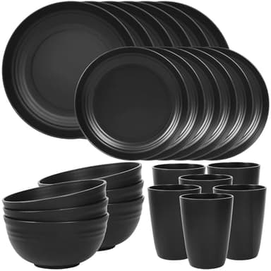 Quatish 24 Piece Plates and Bowls Sets for 6, Unbreakable Dinnerware Sets, Plastic Dish Set for Camping, Dishwasher Microwave Safe, Outdoor Kitchen and Apartment Dinning RV Essentials, Black - Image 1