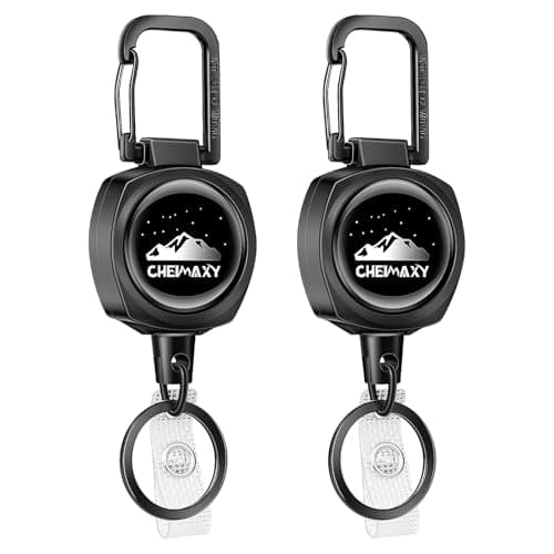 2 Pack Tactical ID Badge Reels, Cheimaxy Heavy Duty Carabiner Retractable Badge Holder, ID Card Holder, Retractable Keychain with 30IN Wire Rope, 8 OZ Weight Capacity - Image 1