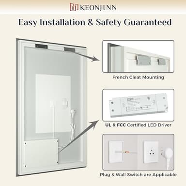 Keonjinn Backlit Mirror Bathroom 48” x 30”, Anti-Fog Mirror with Lights, CRI90+ HD Tempered Glass, Waterproof, UL Listed, Stepless Dimmable LED Mirrors for Bathroom, High Lumen, 6000K Bright - Image 8