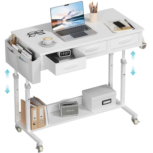 White Portable Rolling Computer Desk - 40 Inch Adjustable Mobile Standing Teacher Desks with 3 Fabric Drawers on Wheels, Couch Sofa Side Laptop Stand Up Table with Storage for Home Office, White - Image 1