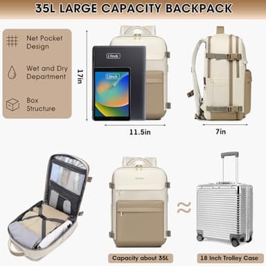 Large Travel Backpack for Women - 17 Inch 35L Carry On Laptop Bag Flight Approved Personal Item Daypack Weekender Traveling TSA Business Bag Luggage Waterproof for Airplane with Toiletry Shoe Bag - Image 3
