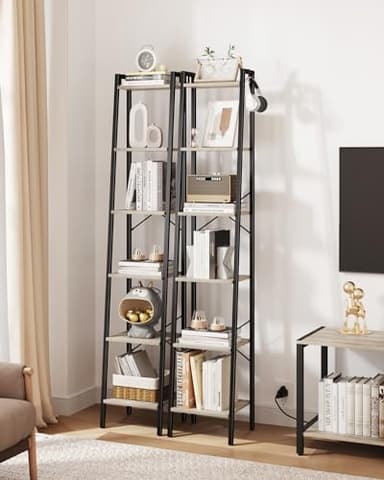 Hzuaneri Ladder Shelf, Bookshelf Bookcase, Freestanding Corner Storage Shelve with 2 Hooks for Home Office, Living Room, Kitchen, Bedroom, Industrial, 6-Tier Greige BC13305B - Image 6