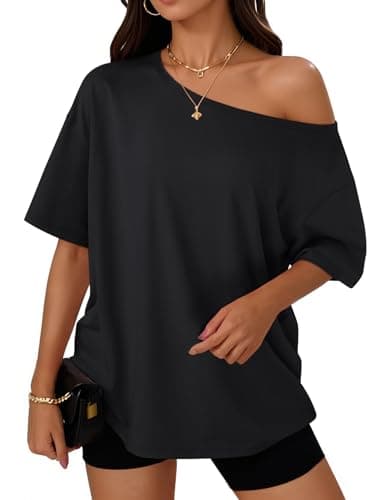 Trendy Queen Womens Off The Shoulder Tops Oversized T-Shirts Short Sleeve Tees Summer 2025 Casual Spring Fashion Clothes Black L - Image 1