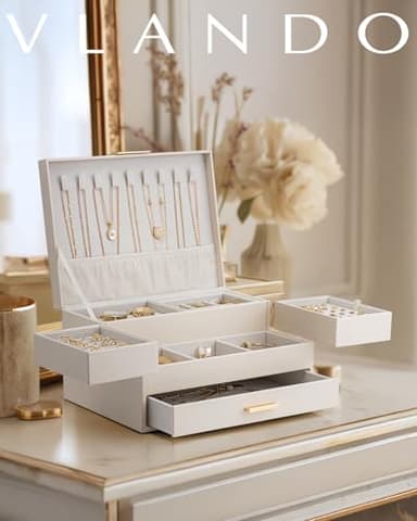 Vlando 3 Layer Jewelry Box - Women Jewelry Box with Retractable Tray - Jewelry Organizers with Drawer for Necklaces, Rings, Bracelets, Earrings, Gift for Couples Mom Girls - Could White - Image 2