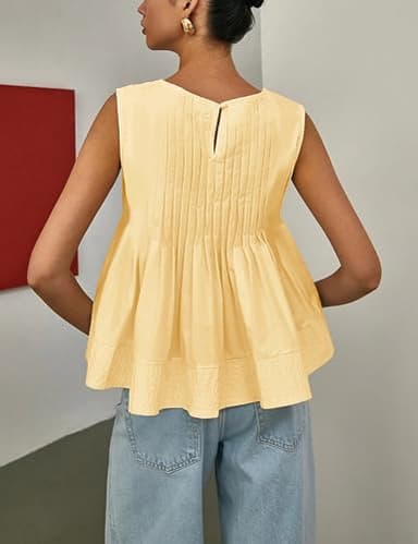 Megfie Womens Summer Pleated Peplum Sleeveless Blouse Tank Tops Round Neck Y2K Babydoll Blouse Shirt(0869-Yellow-S) - Image 3