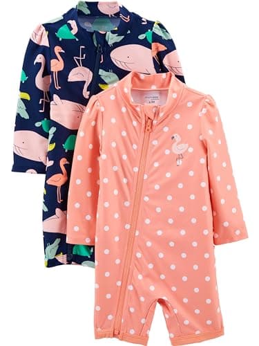 Simple Joys by Carter's Girls' 2-Pack 1-Piece Zip Rashguards, Navy Sea Friends/Peach Dots, 3T - Image 1