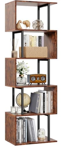 Furologee 6 Tier Bookshelf, Tall S Shaped Geometric Bookcase, Modern Display Shelf Standing Unit, Wood Metal Decorative Divider Rack for Living Room Bedroom Office, Rustic Brown - Image 1