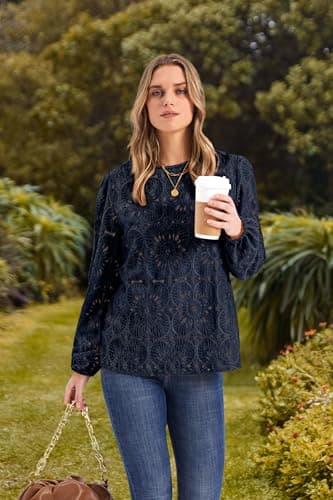 Boho Tops for Women Trendy Lace Crochet Early Fall Fashion Long Sleeeve Shirts Dressy Blouses Business Casual Outfits Travel Vacation Navy M - Image 4
