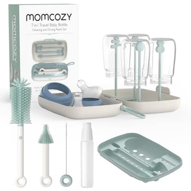 Momcozy Bottle Brush Set - Baby Bottle Cleaner Kit with Silicone Brush, Nipple Brush, Straw Brush, Soap Dispenser, Drying Rack - 7 in 1 Bottle Cleaning Tool for Home and Travel, Green - Image 1