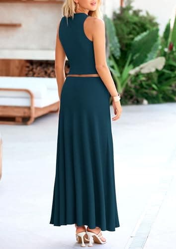 PRETTYGARDEN Women's 2 Piece Maxi Skirt Sets Casual Summer Knit Cropped Tank Top High Waisted Long Skirts Outfit (Lake Blue,Medium) - Image 2