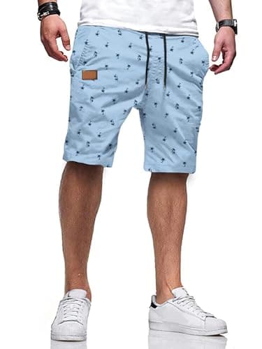 JMIERR Mens Casual Shorts - Fashion Cotton Drawstring Summer Beach Stretch Waist Twill Chino Golf Travel Essentials Cruise Shorts with Pockets for Men 8 Inch Inseam, L, Coconut Tree Printed Sky Blue - Image 1