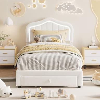 GarveeHome Twin Upholstered Bed Frame with Storage Drawer and Smart Led Headboard, Twin Size Platform Bed Frames for Kids, Wooden Slats Support, No Box Spring Needed, Easy Assembly, White - Image 1