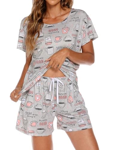 ENJOYNIGHT Womens Pajama Shorts Sets Cotton Pjs Summer Cute Sleepwear with Pockets (Medium, Grey Cup) - Image 3