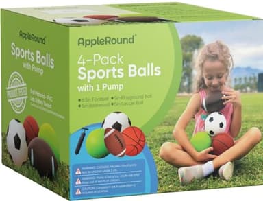 AppleRound 4-Pack Sports Balls for Toddlers & Kids with Pump – 5-Inch Soccer Ball, Basketball, Playground Ball & 6.5-Inch Football – Soft Small Balls for Indoor/Outdoor Play (Ages 2-7) - Image 2