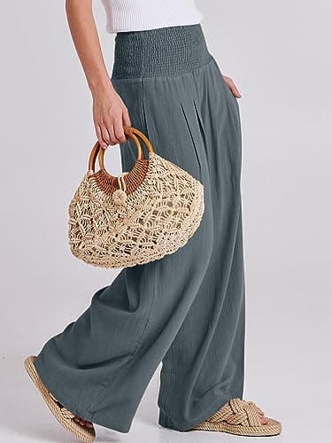 ANRABESS Women Linen Palazzo Pants Summer Boho Wide Leg High Waist Casual Lounge Pant 2025 Beach Travel Vacation Outfits Grey Small - Image 3
