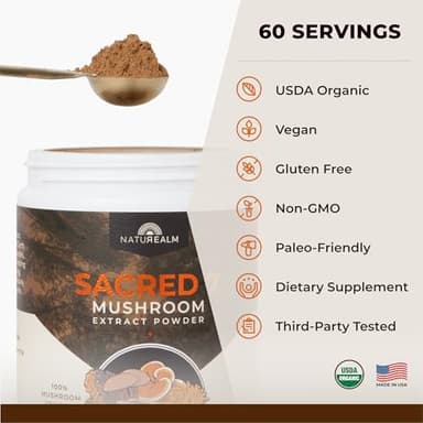 Naturealm Sacred 7 Organic Mushroom Supplement – 100% Fruiting Body Extract Powder with Lions Mane, Reishi, Chaga & More | Nootropic & Immune Support for Coffee, Tea, Smoothies – 60 Servings - Image 9