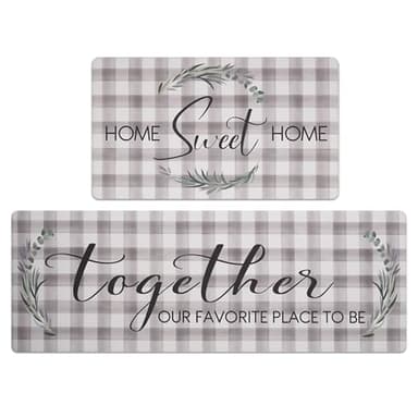 FRESHMINT Kitchen Mats Sets 2 Piece Cushioned Anti-Fatigue Comfort Mat for Home & Office Ergonomically Engineered Memory Foam Kitchen Rug Waterproof Non-Skid, 30" by 17" + 47" by 17", Check Sweet Home - Image 1