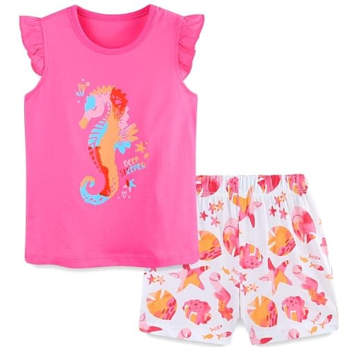 Baby Toddler Girl's Summer Clothes Short Sleeve T Shirt Tee and Shorts Clothing Set Outfits Pink Seahorse 2t - Image 1